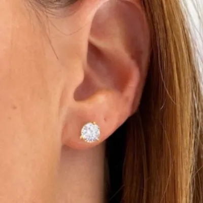 Yellow Gold Round Cut Three Prong Diamond Stud Earrings jewelry store near me