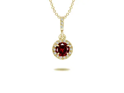 Yellow Gold Ruby Gemstone and Diamond Halo Pendant Necklace