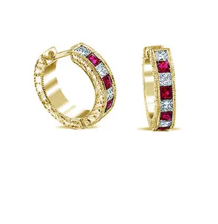 Ruby and Diamond Vintage Hoop Earrings in 14k yellow gold