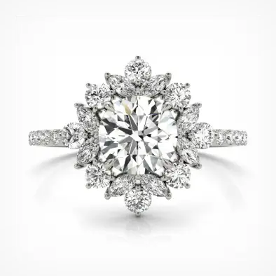 mixed shape french pave set halo diamond ring
